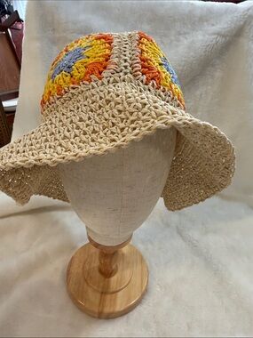 2 Chic Crochet Straw Sun Hat Boho Floral Granny Square Beach Hat Adjustable